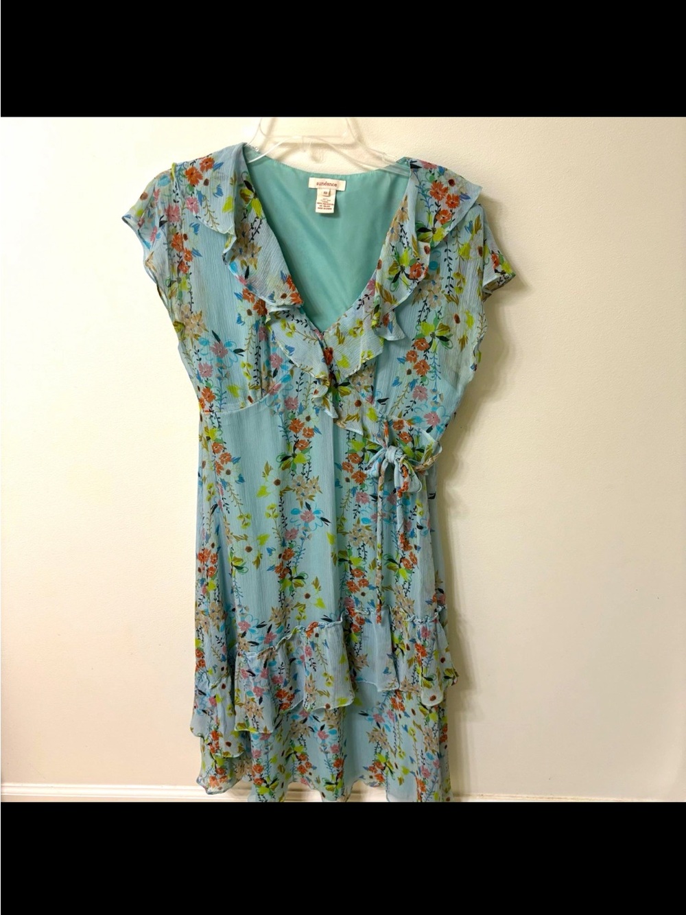 Sundance Silk Blue Floral Ruffle Faux Wrap Midi Dress Romantic Cottagecore